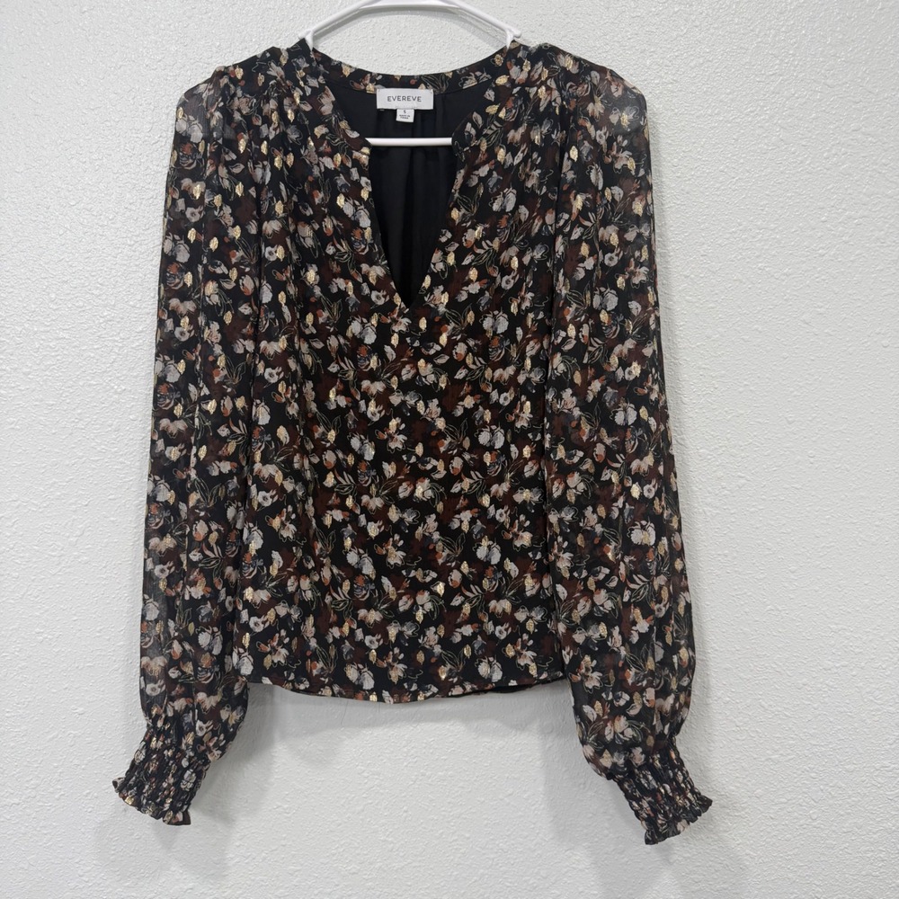 Evereve Womens Floral Metallic Gold Fil Coupe V-Neck Blouse Smocked Cuff Small